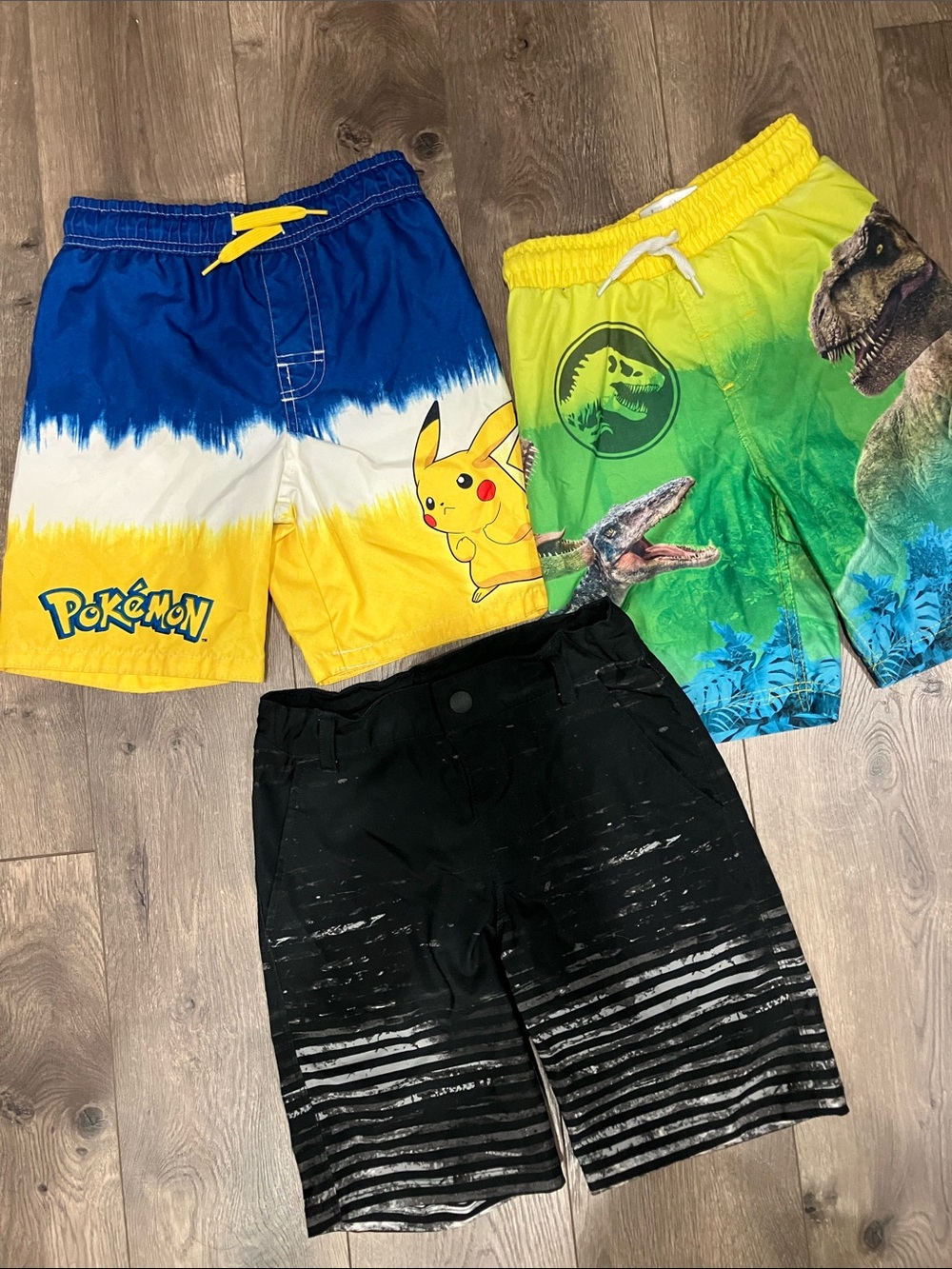 Lot of 3 Boys Swim Trunks, Pokemon, Jurassic World, Black & Grey size 5/6 Small
